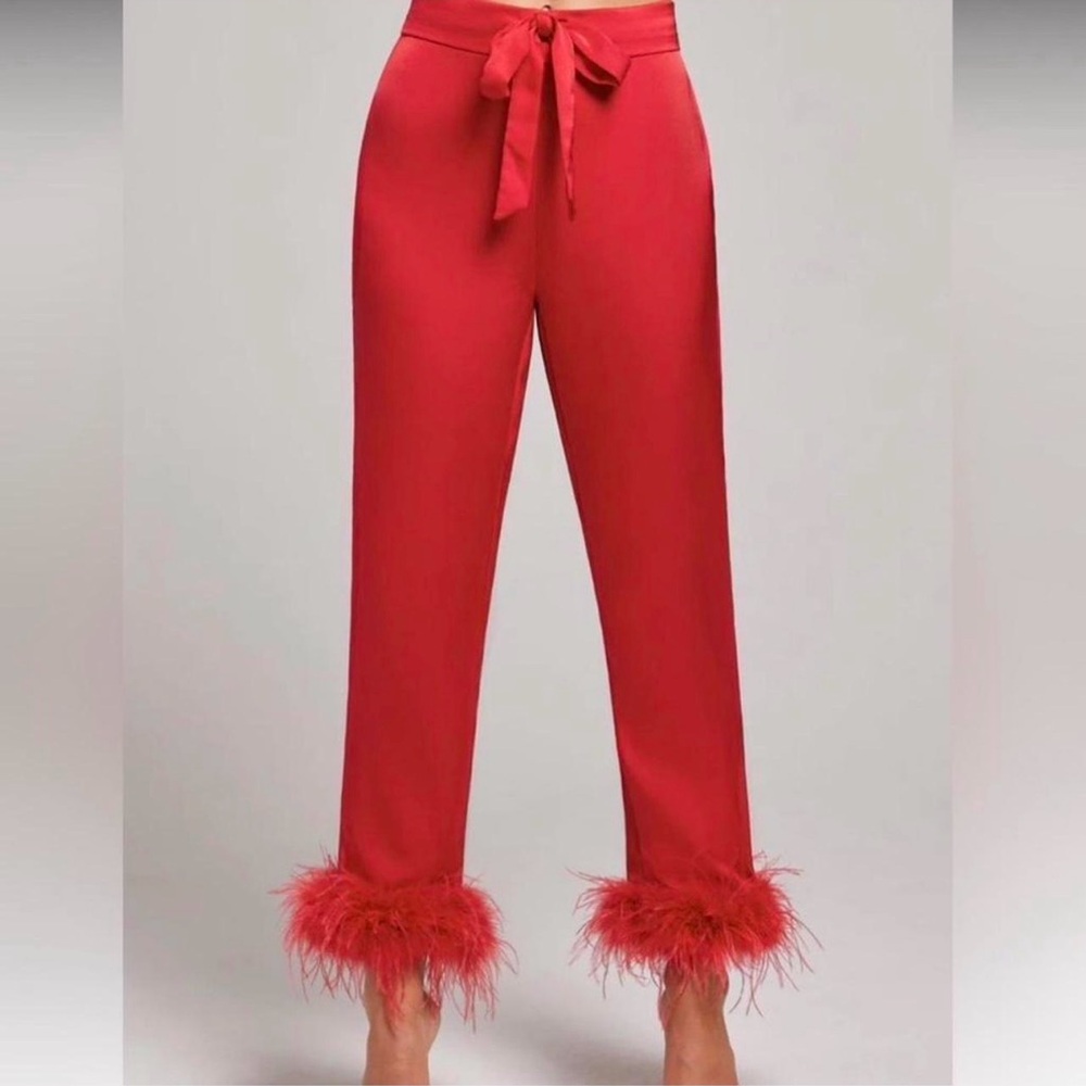 NADINE MERABI DARCIE Luxury Red Feathered Pijamas Set - Picture 10 of 12